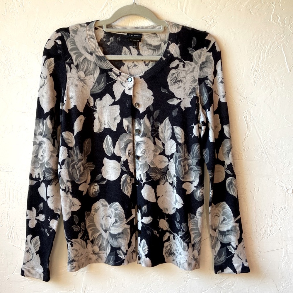 Talbots Black Gray Ivory Flowers Button Up Cardigan Sweater 100% Merino Wool S